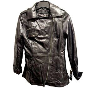 NWT WHET BLU Leather asymmetrical belted coat black Moto removable lining